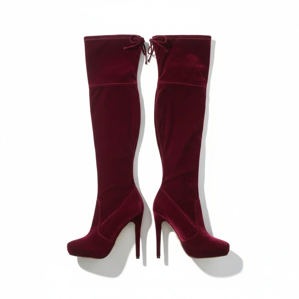 Bebe Giaa Velvet Burgundy Over The Knee Stiletto Heel Boots ‎ Size 8 Glam NWB